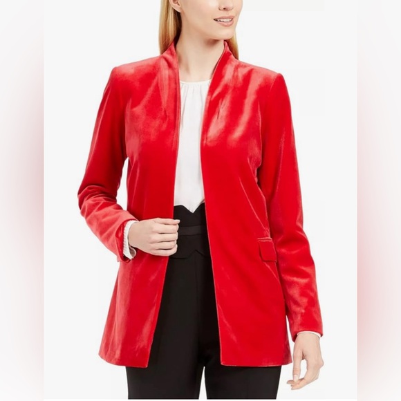 CALVIN KLEIN Women's Long Longline Open Front Velvet Blazer in Red CK Size 12 - Picture 1 of 10